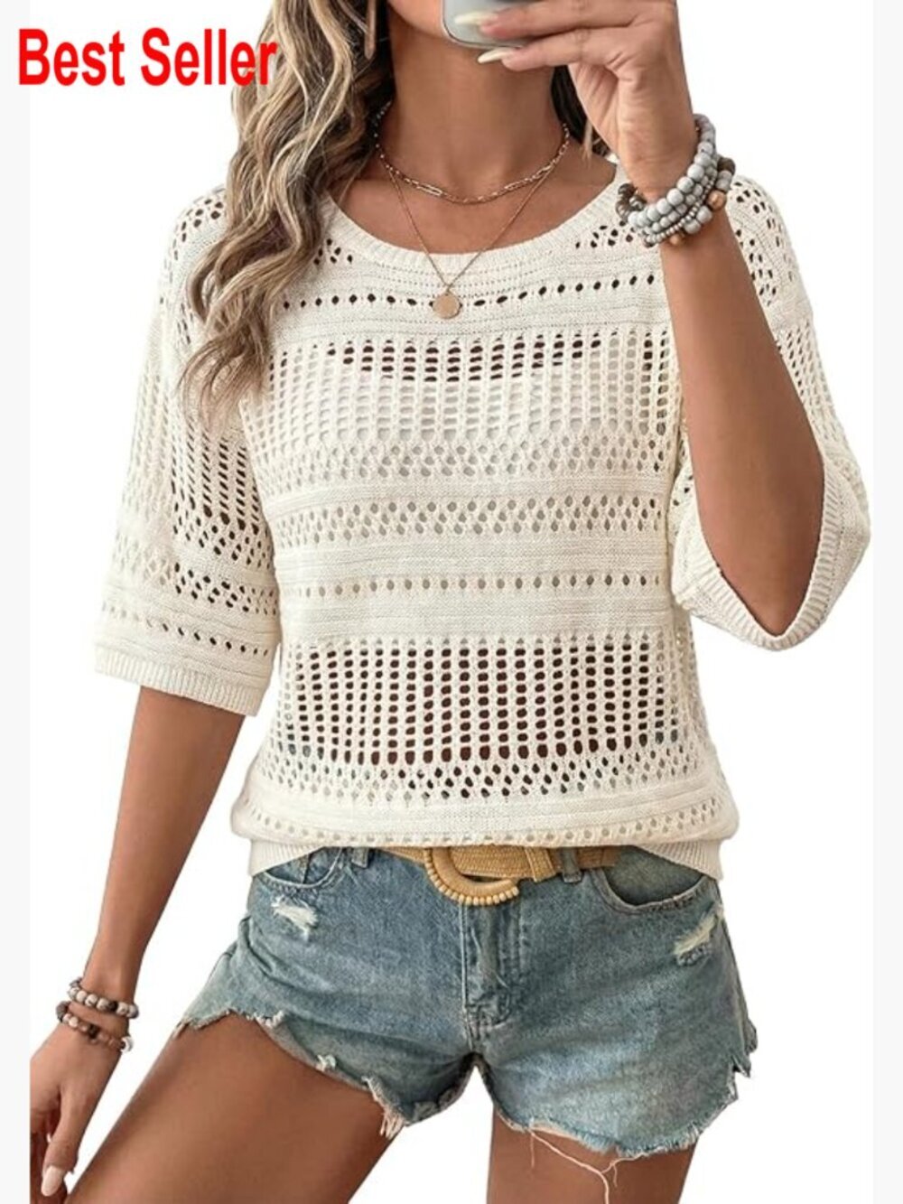 Crochet Pullover Half Sleeve Hollow Out Beach Vacation Cover Up Sweater